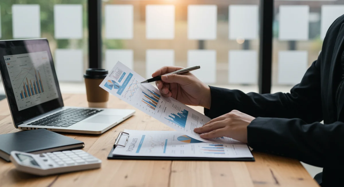 Persoon die financiële documenten en grafieken analyseert, als reactie op de nieuwe belastingregels voor box 3.