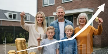 Een gelukkig gezin voor hun nieuwe huis, symboliseert de voordelen van NHG in 2025.