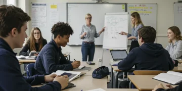 Leerlingen in een moderne lesomgeving bespreken de impact van de nieuwe onderwijswet.