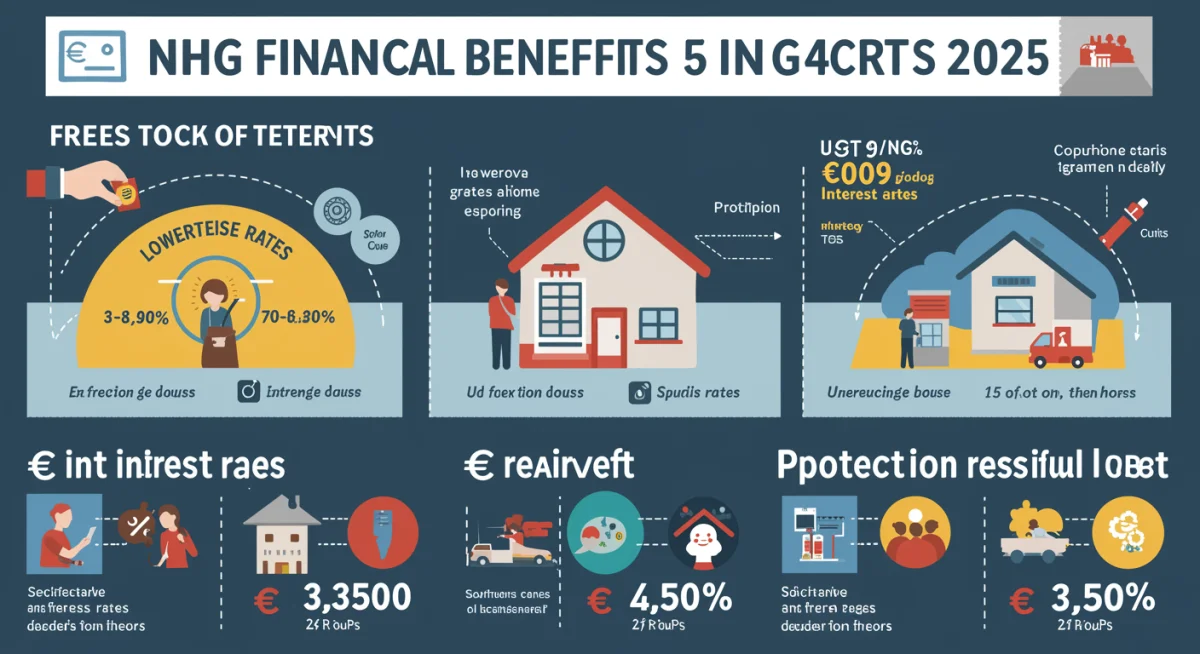 Infographic met financiële voordelen van NHG, inclusief lagere rente en besparing van €3.500 in 2025.